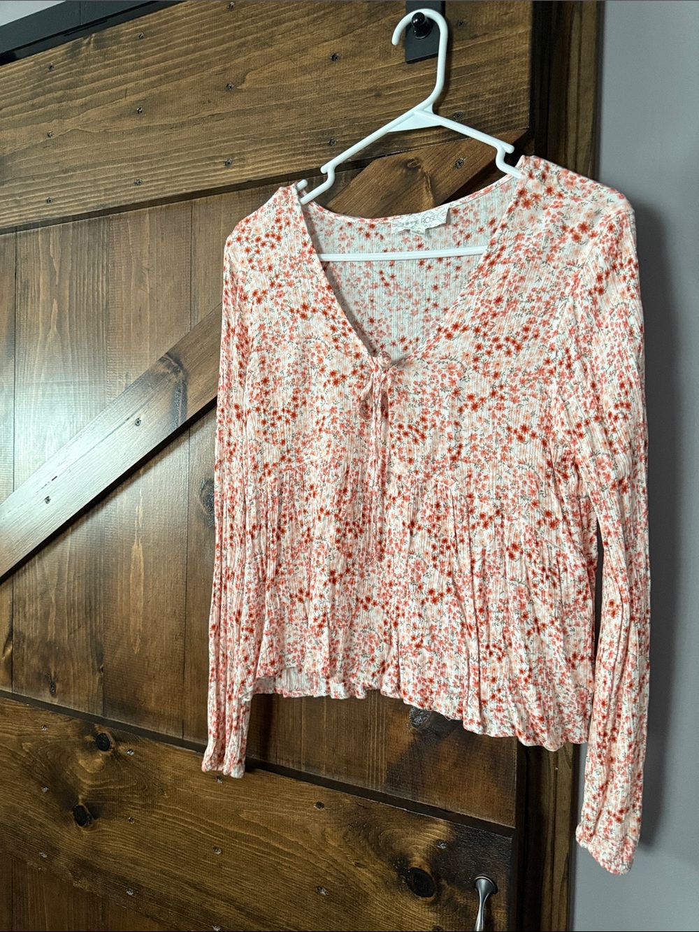 Hippie Rose Coral Floral Tie-Front Long Sleeve Blouse
